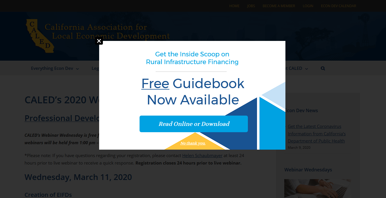 Example of exit popup for CALED that promotes free download of guidebook