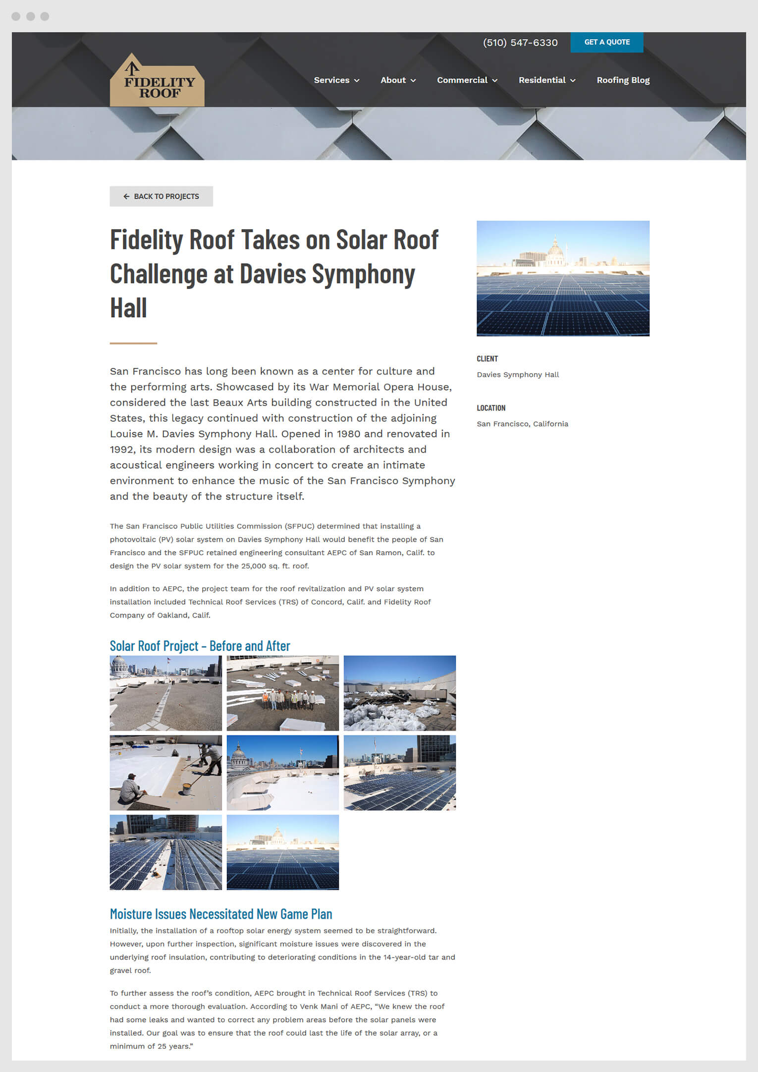 Screenshot of the Fidelity Roof commercial case study detail page